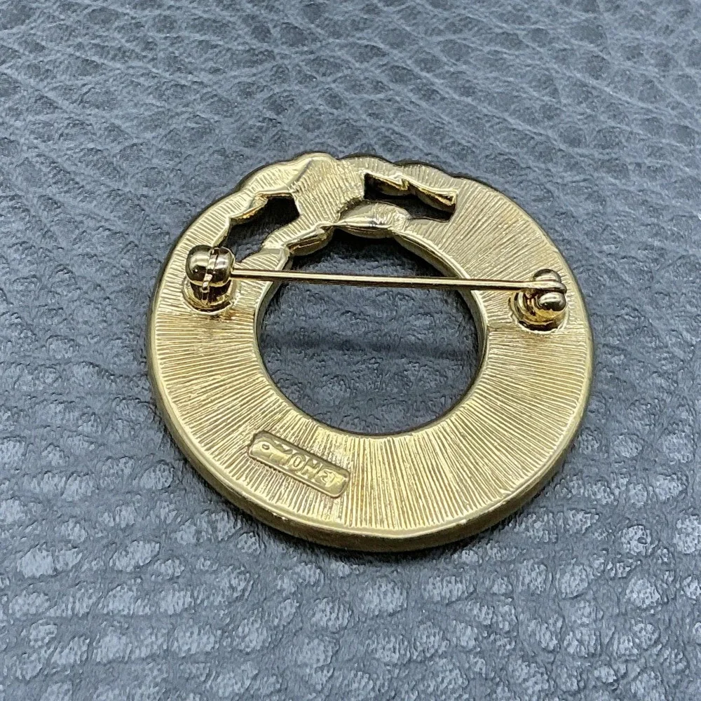 Vintage Monet Brooch Black Enamel Circle Pin Gold Tone Chain Link Round Jewelry